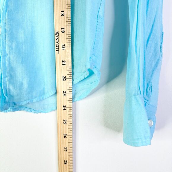 Frank & Eileen Shirt Women XS Blue Barry 100% Cotton Button Down Ruched Placket - Picture 4 of 7